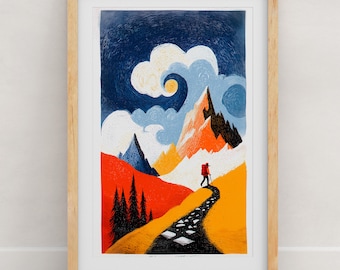 Hiking Art Print | Mountain Trail Wall Art | Folk Art Landscape Poster | Hiker Gift | Gallery Wall Set | 8x10 or 11x14