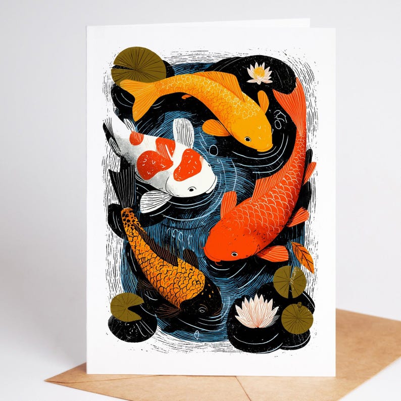 Folk art koi fish pond note card