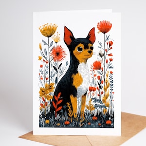 Carte de voeux chihuahua - Note florale d'art populaire pour les amoureux des chiens 4,25 x 5,5 - Papeterie vierge pour anniversaire et remerciement