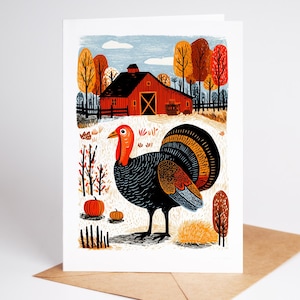K&ouml;nnte beinhalten: Gru&szlig;karte zum Thema Thanksgiving mit einer stilisierten Truthahn-Illustration. Der Truthahn hat schwarze Federn, einen roten Kopf und einen F&auml;cherschwanz. Der Hintergrund zeigt eine rote Scheune, Herbstb&auml;ume und K&uuml;rbisse.