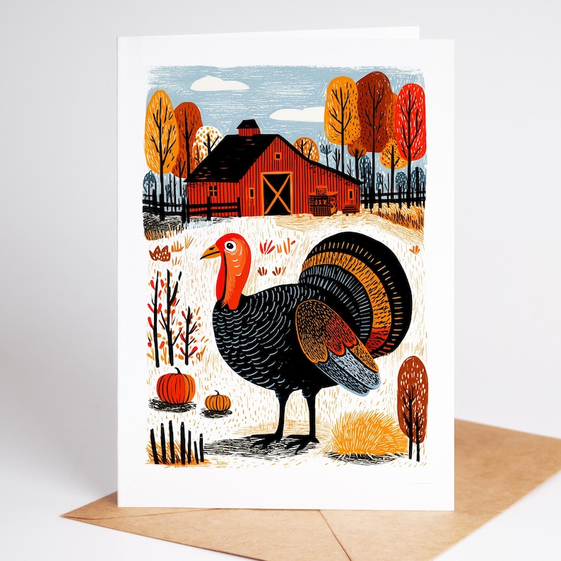K&ouml;nnte beinhalten: Gru&szlig;karte zum Thema Thanksgiving mit einer stilisierten Truthahn-Illustration. Der Truthahn hat schwarze Federn, einen roten Kopf und einen F&auml;cherschwanz. Der Hintergrund zeigt eine rote Scheune, Herbstb&auml;ume und K&uuml;rbisse.