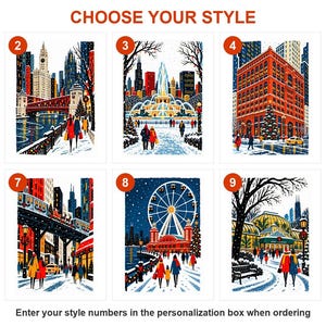 Style guide showing all 10 Chicago Christmas card designs numbered 1 to 10