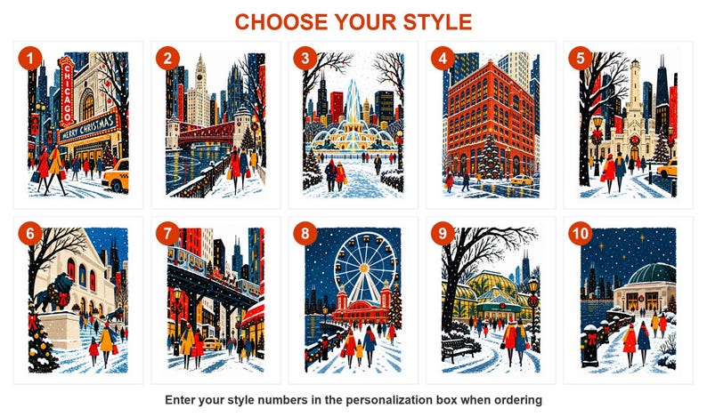 Style guide showing all 10 Chicago Christmas card designs numbered 1 to 10