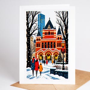 Boston Christmas card standing upright, Trinity Church in Copley Square with wreaths on its doors