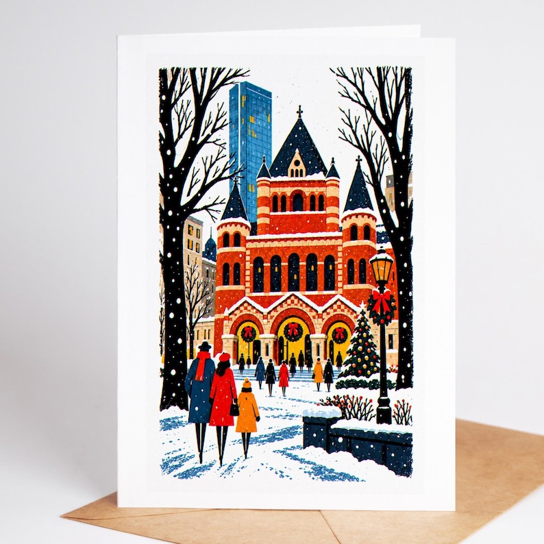 Boston Christmas card standing upright, Trinity Church in Copley Square with wreaths on its doors