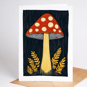 Folk art mushroom greeting card, linocut style