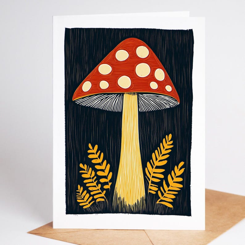 Folk art mushroom greeting card, linocut style