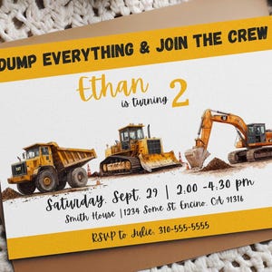 Construction Truck Birthday Invitation: Editable Excavator, Bulldozer (Digital)