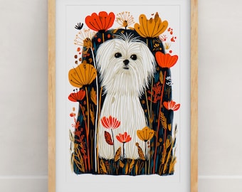 Maltese Floral Art Print: Botanical Dog Illustration, Modern Folk Art Wall Decor, Maltese Gift, Dog Lover Poster