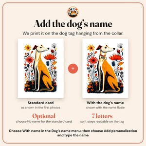 Add the dog's name to the Whippet card set: the standard card beside the card with a collar and a dog tag, and how to order
