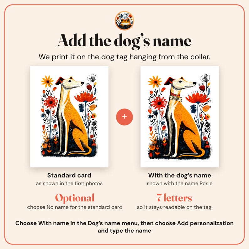Add the dog's name to the Whippet card set: the standard card beside the card with a collar and a dog tag, and how to order