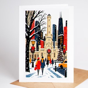 Chicago Christmas card standing upright, the old Water Tower on Michigan Avenue wrapped in garlands