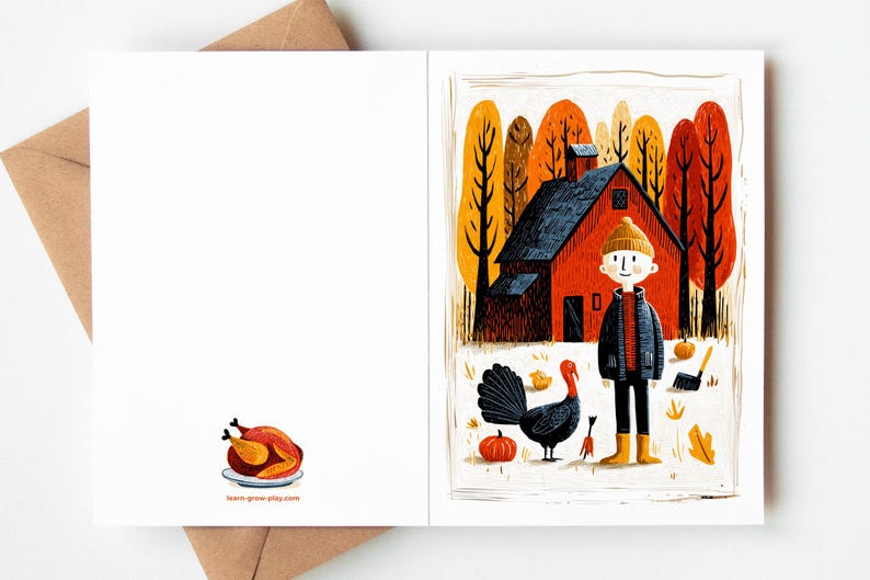 K&ouml;nnte beinhalten: Gru&szlig;karte mit Herbsternte-Motiv. Die Illustration zeigt eine rote Scheune, eine Person mit Winterm&uuml;tze, einen Truthahn und K&uuml;rbisse. Die Karte ist offen, mit einem gebratenen Truthahn auf der linken Seite. Der Text "learn-grow-play.com" ist sichtbar.