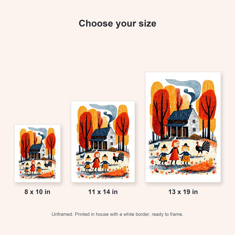 Size guide for the Thanksgiving farmhouse art print at 8x10, 11x14 and 13x19 inches