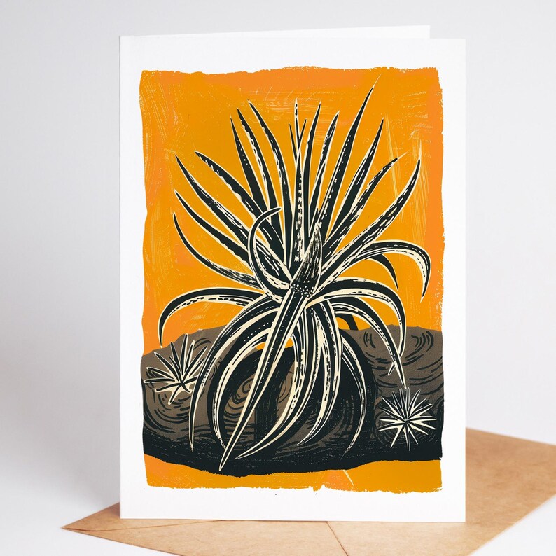 Air plant folk art note card with silver curling leaves resting on driftwood