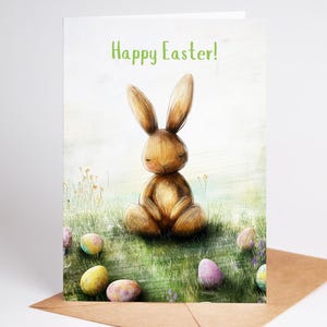 Adorable tarjeta de felicitación de Pascua / Tarjeta con un conejito y huevos de Pascua / Linda tarjeta de primavera con un conejo / Tarjeta caprichosa para las fiestas de Pascua