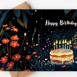 Carte d'anniversaire nocturne magique avec gâteau et fleurs sauvages | Carte de voeux florale foncée de 5 x 7 pouces | Carte d'anniversaire inspirée de la nature pour elle ou pour lui