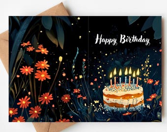 May include: A birthday card with a floral design and a cake with lit candles. The card features the words "Happy Birthday" in white script. The background is dark with orange flowers.