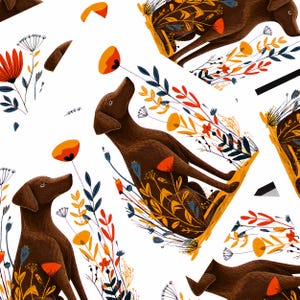 May include: A repeating pattern featuring brown dogs sitting among stylized wildflowers in shades of orange, red, yellow, and blue on a white background. The dogs are depicted in profile, looking upward, surrounded by delicate floral stems and petals.