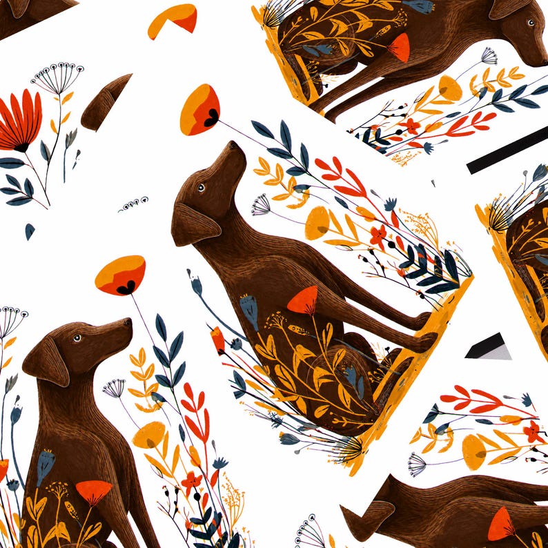 May include: A repeating pattern featuring brown dogs sitting among stylized wildflowers in shades of orange, red, yellow, and blue on a white background. The dogs are depicted in profile, looking upward, surrounded by delicate floral stems and petals.