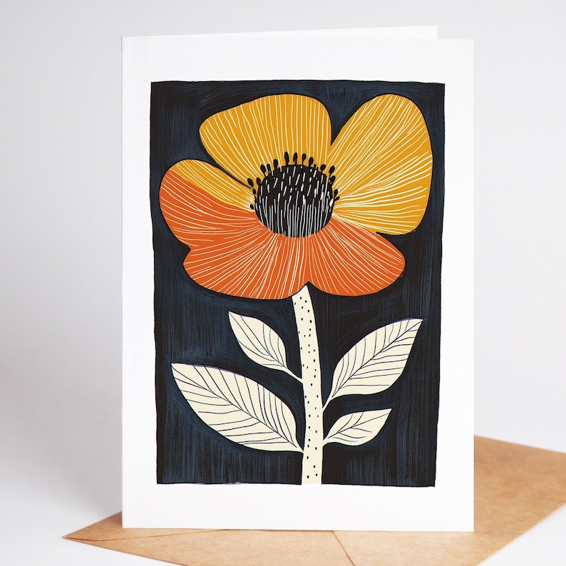 Mid century modern folk art flower greeting card