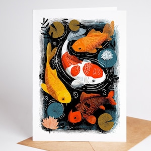 Folk art koi fish pond note card