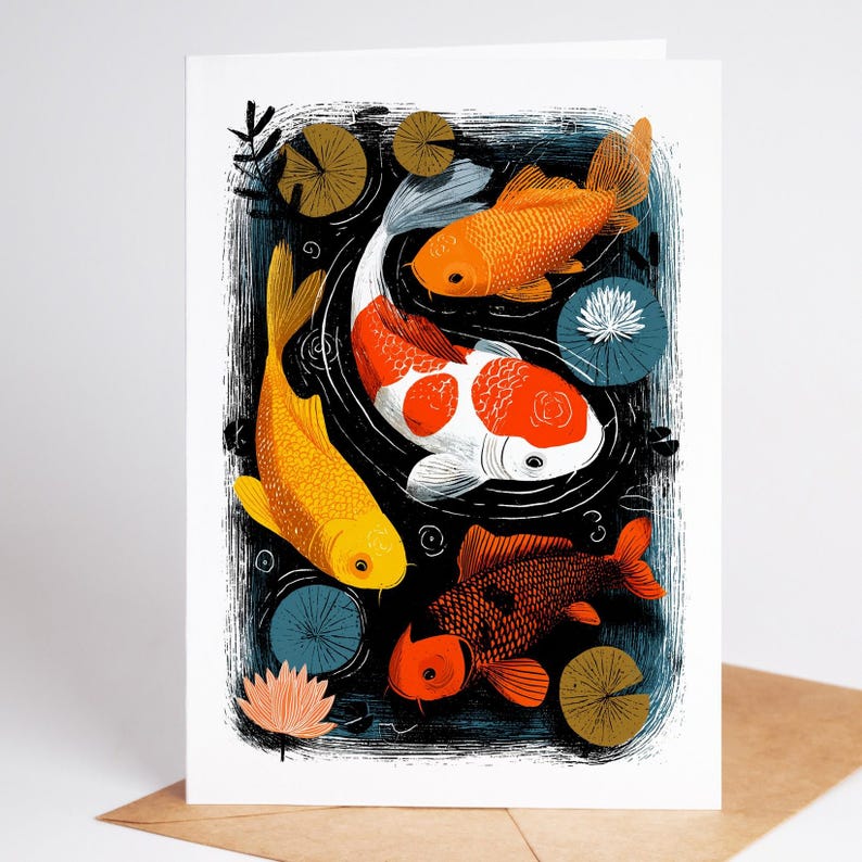 Folk art koi fish pond note card