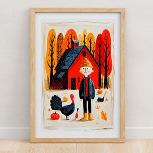 Folk art print of a farm boy in a knit hat with a turkey by a red barn, framed in light oak