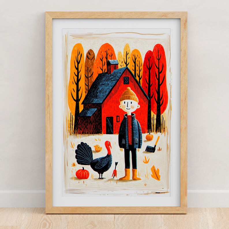 Folk art print of a farm boy in a knit hat with a turkey by a red barn, framed in light oak