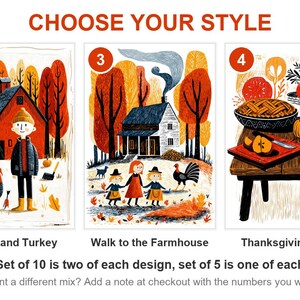 Numbered style guide of five linocut-style Thanksgiving note card designs, from red barn turkey to pumpkin patch