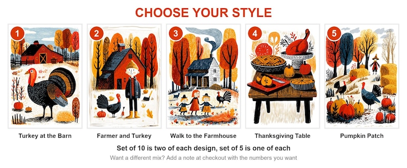 Numbered style guide of five linocut-style Thanksgiving note card designs, from red barn turkey to pumpkin patch