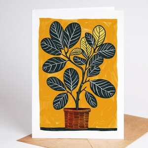 Rubber plant folk art note card with dark oval leaves in a woven basket