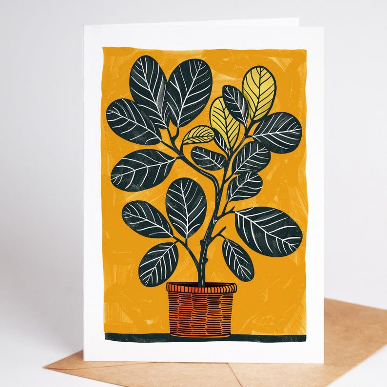Rubber plant folk art note card with dark oval leaves in a woven basket