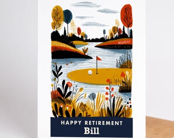 Retirement Card, Personalized Happy Retirement Card with Custom Name, Golf Retirement Gift for Him, Blank Inside Card