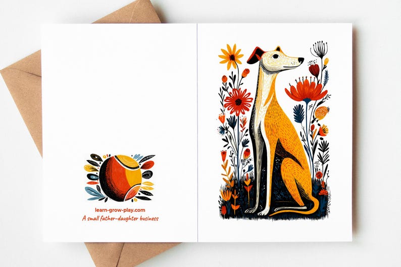 Whippet Linocut-Style Greeting Cards - Set of 10 Folk Art Dog Stationery - Linocut-Style Floral Note Cards - Whippet Mom Gift & Pet Sympathy image 2
