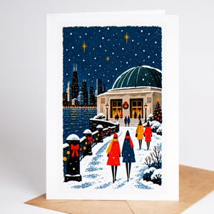 Chicago Christmas card standing with envelope, the Adler Planetarium with the skyline across the frozen lake