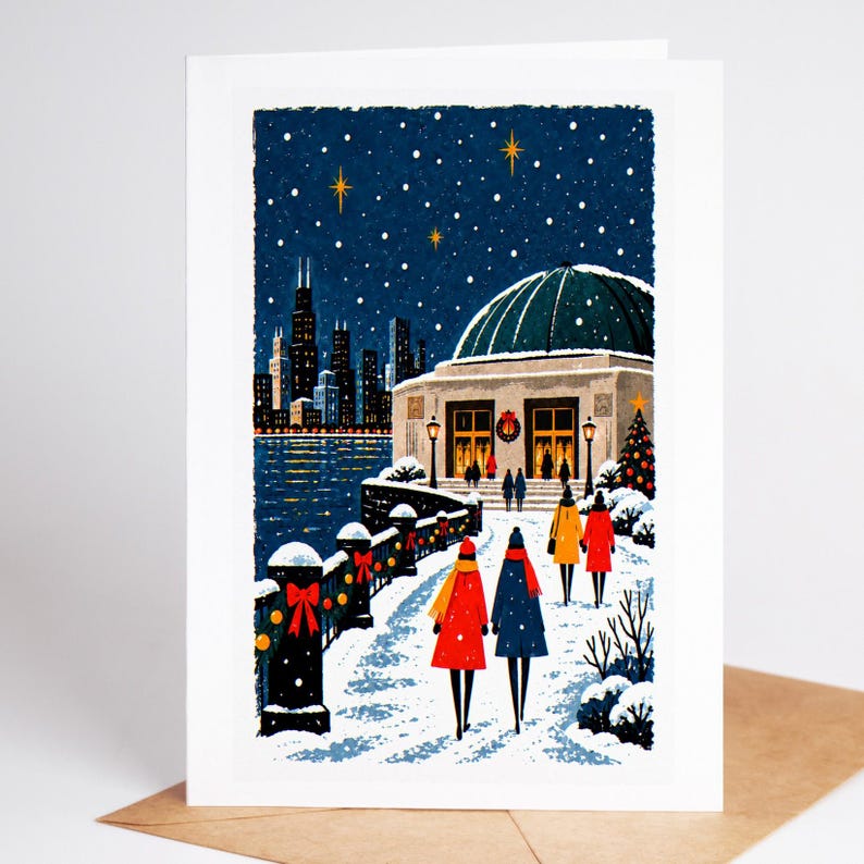Chicago Christmas card standing with envelope, the Adler Planetarium with the skyline across the frozen lake