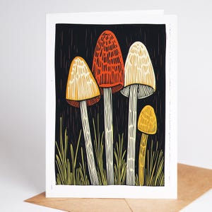 Folk art mushroom greeting card, linocut style