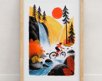 Female Mountain Bike Art Print | Woman Mountain Biking Wall Art | Cycling Artwork | MTB Decor | 8x10 or 11x14 Outdoor Adventure Print