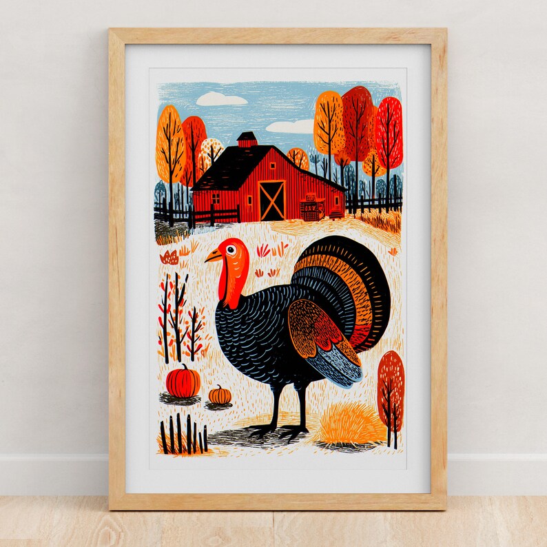 Thanksgiving turkey folk art print with a red barn and autumn trees, framed in light oak