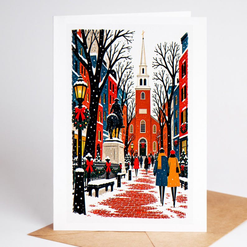 Boston Christmas card standing with envelope, the white spire of the Old North Church above snowy rooftops