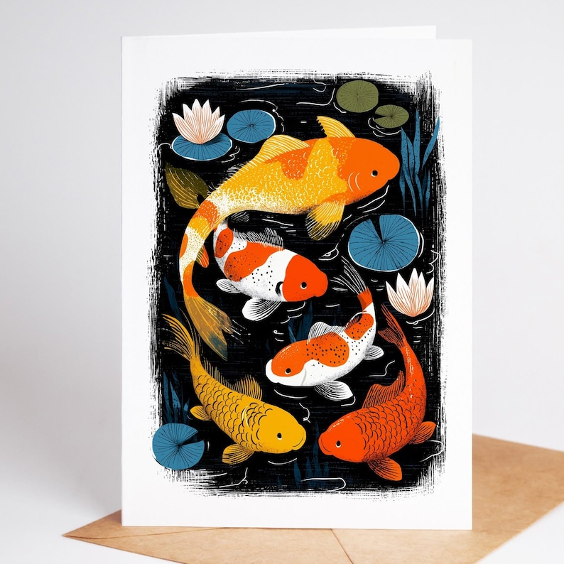 Folk art koi fish pond note card