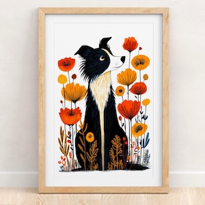 Impressão de arte floral Collie: Ilustração botânica de cachorro, arte popular moderna
