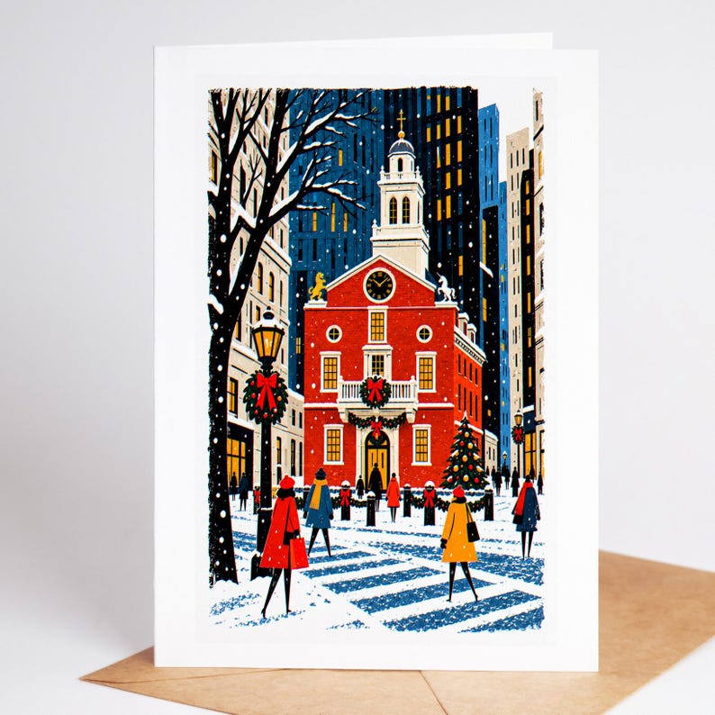 Boston Christmas card standing with envelope, the Old State House lit for Christmas among the downtown towers