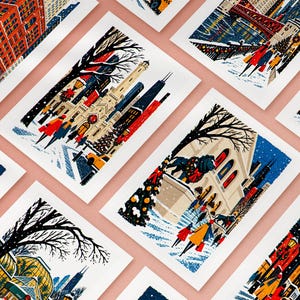 Ten Chicago Christmas cards arranged in a grid, the full set of folk art city designs