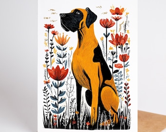 Tarjetas de felicitación con estampado de gran danés - Juego de 10 artículos de papelería con diseño de arte popular para perros - Tarjetas florales en linóleo - Regalo para un gigante amable - Arte para amantes de los perros