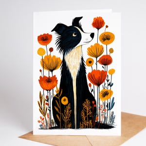 Border Collie Greeting Card – Floral Folk-Art Dog Lover Note 4.25×5.5 Blank Birthday | Thank-You Stationery | Cute Black-&-White Puppy Card