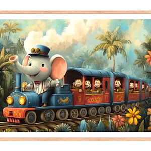 以下が含まれることがあります： 額縁に入ったプリントは、気まぐれな列車のシーンを描いています。青い帽子とストライプのシャツを着た象の車掌が、笑顔の猿でいっぱいの青と赤の列車を運転しています。背景には、緑豊かな葉とカラフルな花が描かれています。