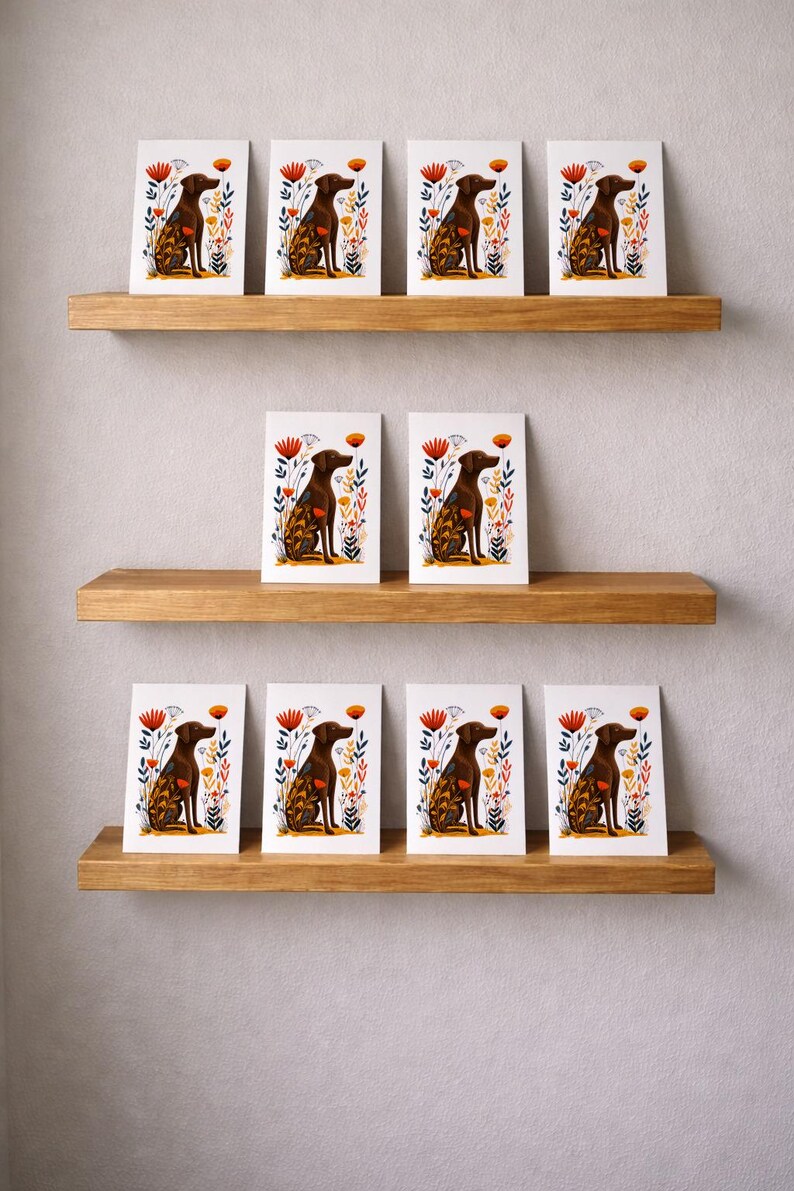 May include: Ten identical rectangular greeting cards featuring a brown dog sitting in profile, surrounded by stylized red, orange, and blue floral and botanical illustrations, arranged on three horizontal wooden shelves against a plain wall.