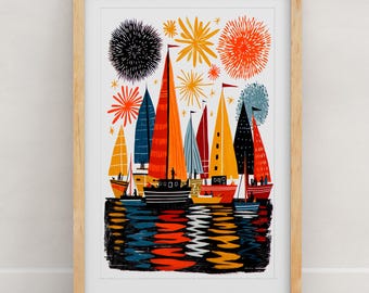 Sailing Art Print | Nautical Sailboat Wall Art | Folk Art Coastal Poster | Sailor Gift | Gallery Wall | 8x10 or 11x14